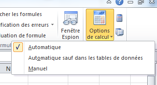 Excel 2010 - Options de calcul : Mode Automatique